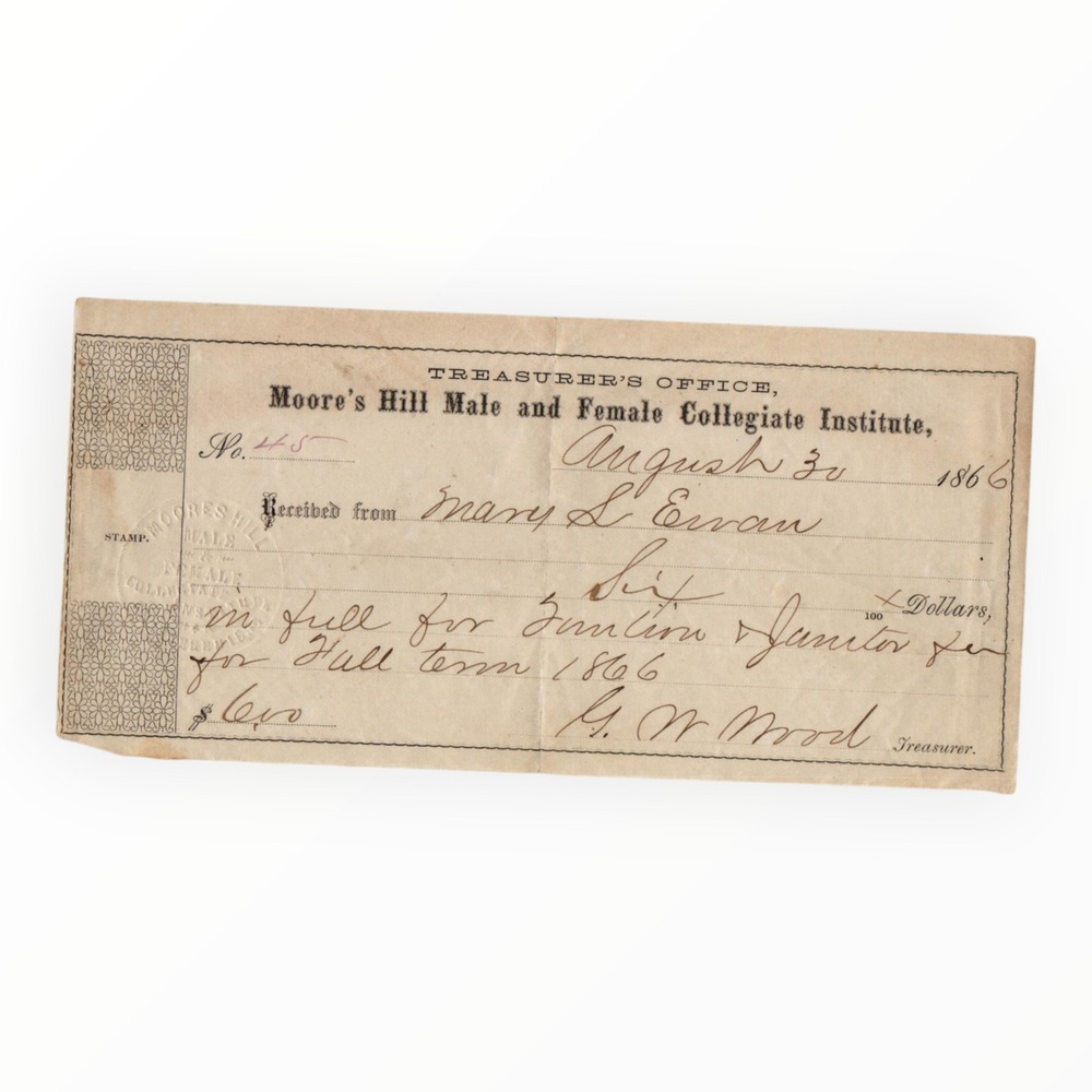 Antique 1866 Tuition Receipt Moores Hill Male and‎ Female Collegiate Institute